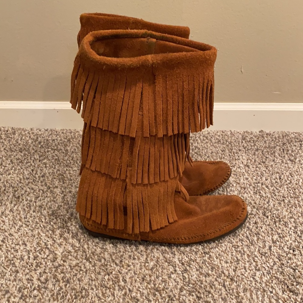 Brown Leather Minnetonka Moccasins Fringe Boots